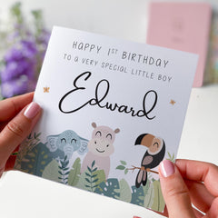 First Birthday Card for a Boy Jungle Animal Design Baby Boy 1st Birthday Card Keepsake Special Gift for Son Grandson or Nephew