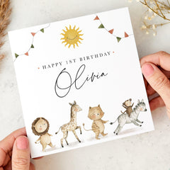 First Birthday Card for Girl or Boy Woodland Animal Jungle Cute Personalised Keepsake for Daughter Son Granddaughter Niece Nephew Grandson