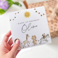 First Birthday Card for Girl or Boy Woodland Animal Jungle Cute Personalised Keepsake for Daughter Son Granddaughter Niece Nephew Grandson