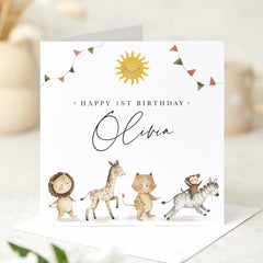 First Birthday Card for Girl or Boy Woodland Animal Jungle Cute Personalised Keepsake for Daughter Son Granddaughter Niece Nephew Grandson