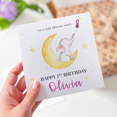 First Birthday card for niece Moon and Elephant 1st Birthday Card for Niece Personalised with Name and Age Sweet Keepsake for Girls