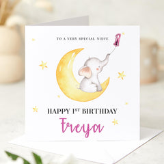 First Birthday card for niece Moon and Elephant 1st Birthday Card for Niece Personalised with Name and Age Sweet Keepsake for Girls