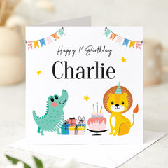 First Birthday card with name Personalised Cute Animal 1st Birthday Card for Boy Girl Nephew Niece Grandson Granddaughter Daughter Son