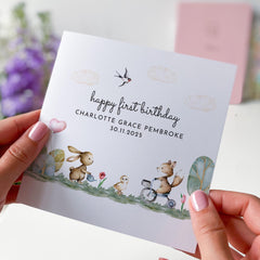 First Birthday Card with Woodland Animal Design 1st Birthday Card Name Date Cute Forest Baby Girl Boy Nephew Niece Grandson Granddaughter