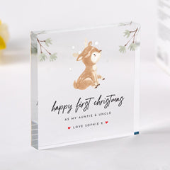 First Christmas Acrylic Plaque for Auntie and Uncle - Keepsake for Mum & Dad, Grandparents – Cute Woodland Reindeer Xmas Gift