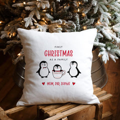 First Christmas as a family cushion Penguin family Personalised new mum dad cushion with child name Cute 1st Xmas decor keepsake