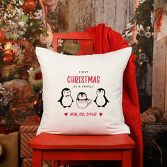 First Christmas as a family cushion Penguin family Personalised new mum dad cushion with child name Cute 1st Xmas decor keepsake