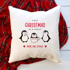 First Christmas as a family cushion Penguin family Personalised new mum dad cushion with child name Cute 1st Xmas decor keepsake