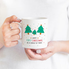 First Christmas as a family of three mug Gift for new mum dad her Our 1st Xmas family of three Cute trees Mummy daddy baby keepsake