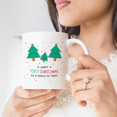 First Christmas as a family of three mug Gift for new mum dad her Our 1st Xmas family of three Cute trees Mummy daddy baby keepsake