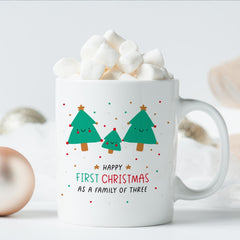 First Christmas as a family of three mug Gift for new mum dad her Our 1st Xmas family of three Cute trees Mummy daddy baby keepsake