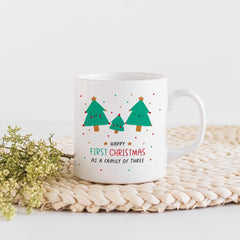 First Christmas as a family of three mug Gift for new mum dad her Our 1st Xmas family of three Cute trees Mummy daddy baby keepsake