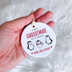 First Christmas as a Family Ornament with baby's name Personalised 1st Xmas Keepsake Ceramic Ornament with Cute Penguin