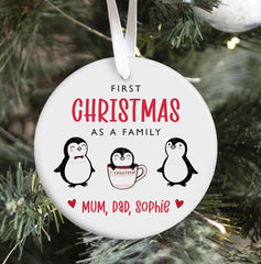 First Christmas as a Family Ornament with baby's name Personalised 1st Xmas Keepsake Ceramic Ornament with Cute Penguin