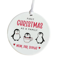 First Christmas as a Family Ornament with baby's name Personalised 1st Xmas Keepsake Ceramic Ornament with Cute Penguin