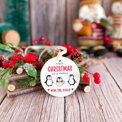 First Christmas as a Family Ornament with baby's name Personalised 1st Xmas Keepsake Ceramic Ornament with Cute Penguin