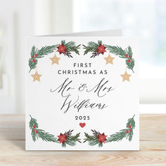 First Christmas as Mr & Mrs Card for Newlywed Couple Wife Husband Xmas Card with Wreath Design Keepsake