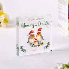 First Christmas as Mummy and Daddy Acrylic Plaque Cute Robin Family Keepsake Gift for New Parents or Baby's First Christmas