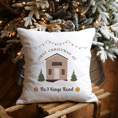 First Christmas at new home cushion with address Gift for wife husband Newlywed couple Our 1st Xmas new home Christmas home decor