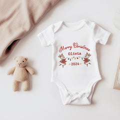 First Christmas bodysuit with reindeer Gift for baby girl boy Matching Bib 1st Xmas outfit Kids daughter son niece granddaughter newborn