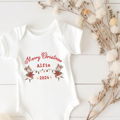 First Christmas bodysuit with reindeer Gift for baby girl boy Matching Bib 1st Xmas outfit Kids daughter son niece granddaughter newborn