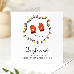 First Christmas Card for Boyfriend Romantic 1st Xmas Together Card for Partner or Boyfriend from Girlfriend Cute Mittens and Lights Design