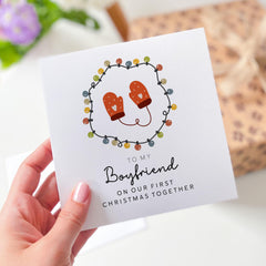 First Christmas Card for Boyfriend Romantic 1st Xmas Together Card for Partner or Boyfriend from Girlfriend Cute Mittens and Lights Design