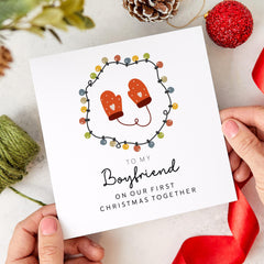 First Christmas Card for Boyfriend Romantic 1st Xmas Together Card for Partner or Boyfriend from Girlfriend Cute Mittens and Lights Design