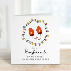 First Christmas Card for Boyfriend Romantic 1st Xmas Together Card for Partner or Boyfriend from Girlfriend Cute Mittens and Lights Design