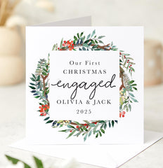 First Christmas Engaged Card for Fiancé or Fiancée Elegant Botanical Wreath Design Romantic 1st Xmas Keepsake