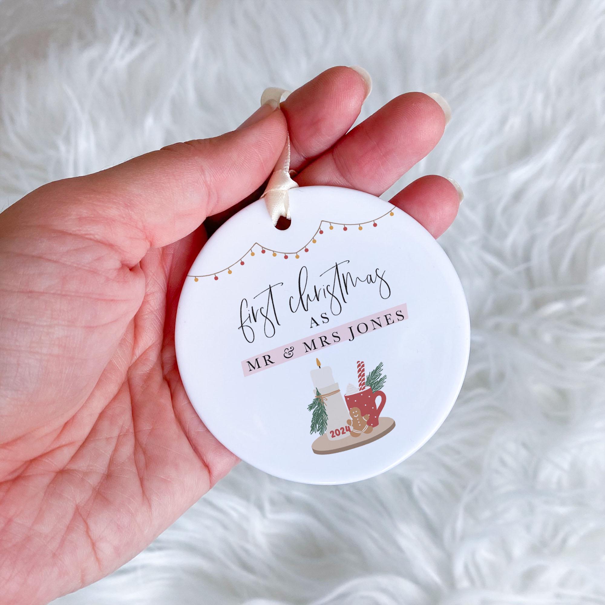 First Christmas Ornament with Names and Year Custom Newlywed Ceramic Ornament Mr & Mrs Keepsake Tree Decoration