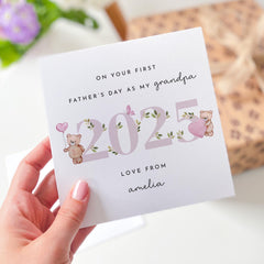 First Father's Day Card 2025 from Baby Girl Personalised with Name and Title Cute Bear Design for Daddy Grandpa Grandad option Keepsake Gift