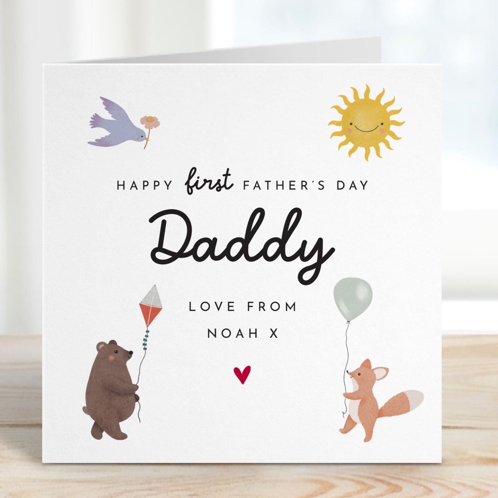 First Father’s Day Card for Daddy Personalised With Name Cute Animal Design Special Keepsake from Baby Son or Daughter for New Dad Father