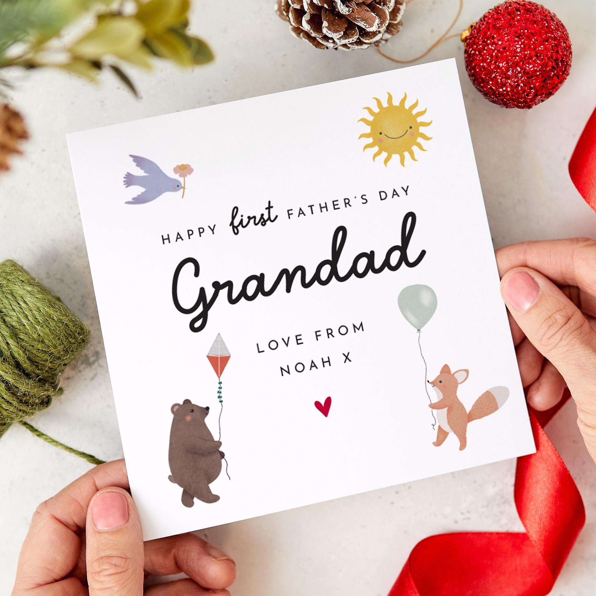 First Father’s Day Card for Grandad Personalised Name Cute Animal Design Special Keepsake from Grandchild Granddaughter Grandson Our 1st