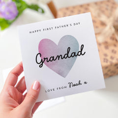 First Father’s Day Card for Grandad Personalised with Name Watercolour Heart Design 1st Fathers Day Keepsake from Grandchild Granda Grandpa