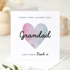 First Father’s Day Card for Grandad Personalised with Name Watercolour Heart Design 1st Fathers Day Keepsake from Grandchild Granda Grandpa