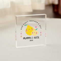 First Mother's Day Gift Personalised Acrylic Plaque for Mum & Baby Custom Keepsake for New Mum Strawberry or Lemon Design