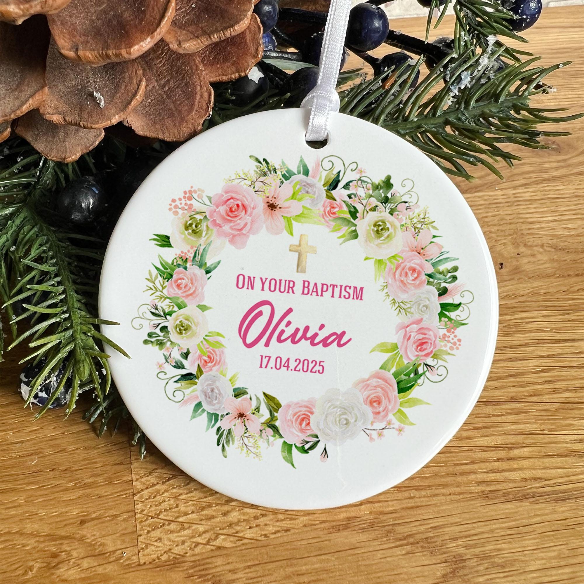 Floral Baptism Ceramic Ornament for Girl Name Date & Church Granddaughter Daughter Niece Goddaughter Gift