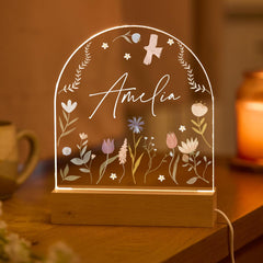 Floral LED Night Light Custom Name Gift for Her Birthday Christmas Home Bedroom Decor Wild Flowers