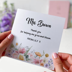 Floral Teacher Thank You Card Personalised End of Term Gift Card for Nursery Reception or Primary Teacher Card for Her with Last Name