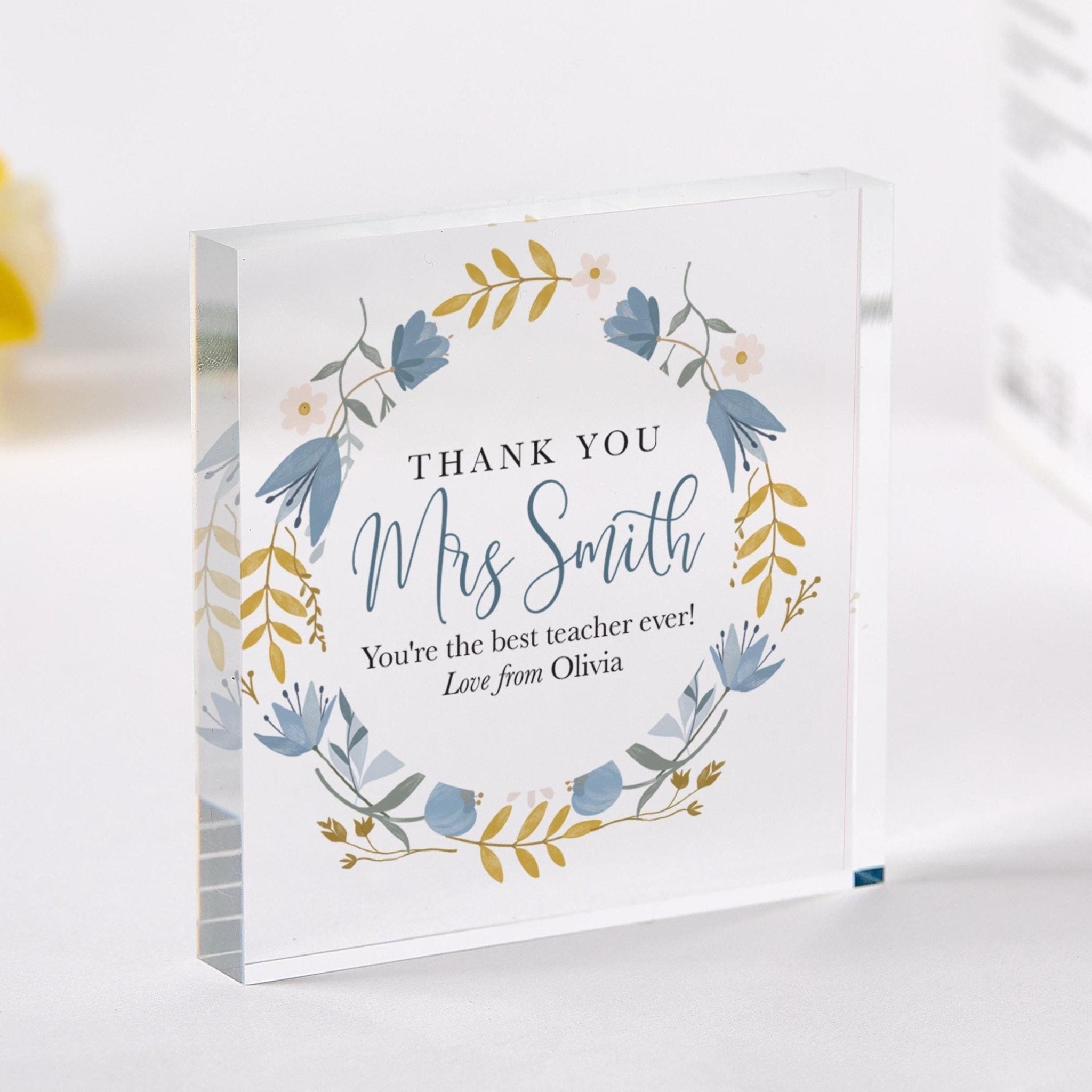 Floral Wreath Thank You Teacher Gift Primary Nursery Teacher Appreciation Keepsake for End of Year Term with Student Name Acrylic Plaque