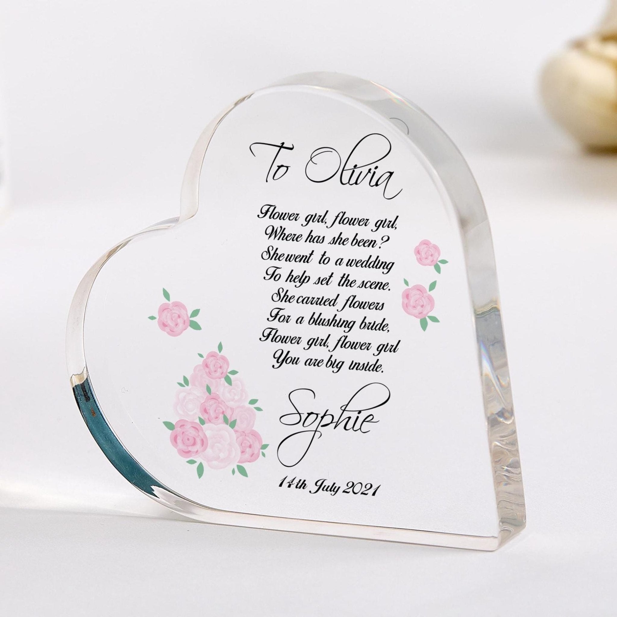 Flower Girl Gift from Bride Wedding Keepsake for Little Girl Heart Poem Plaque Thank You Gift for Flower Girl on Wedding Day Acrylic Plaque