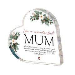 For a Wonderful Mum Heart Acrylic Plaque with Your Custom Text Personalised Christmas Gift for Mother Mummy Holiday Decoration
