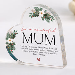 For a Wonderful Mum Heart Acrylic Plaque with Your Custom Text Personalised Christmas Gift for Mother Mummy Holiday Decoration