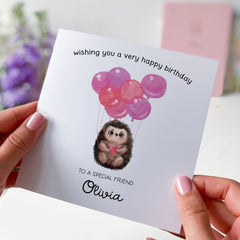 Friend Birthday Card Personalised Friend's Gift Card With Name Cute Hedgehog Pink Balloons For Special Friends Happy To My Bestie Best