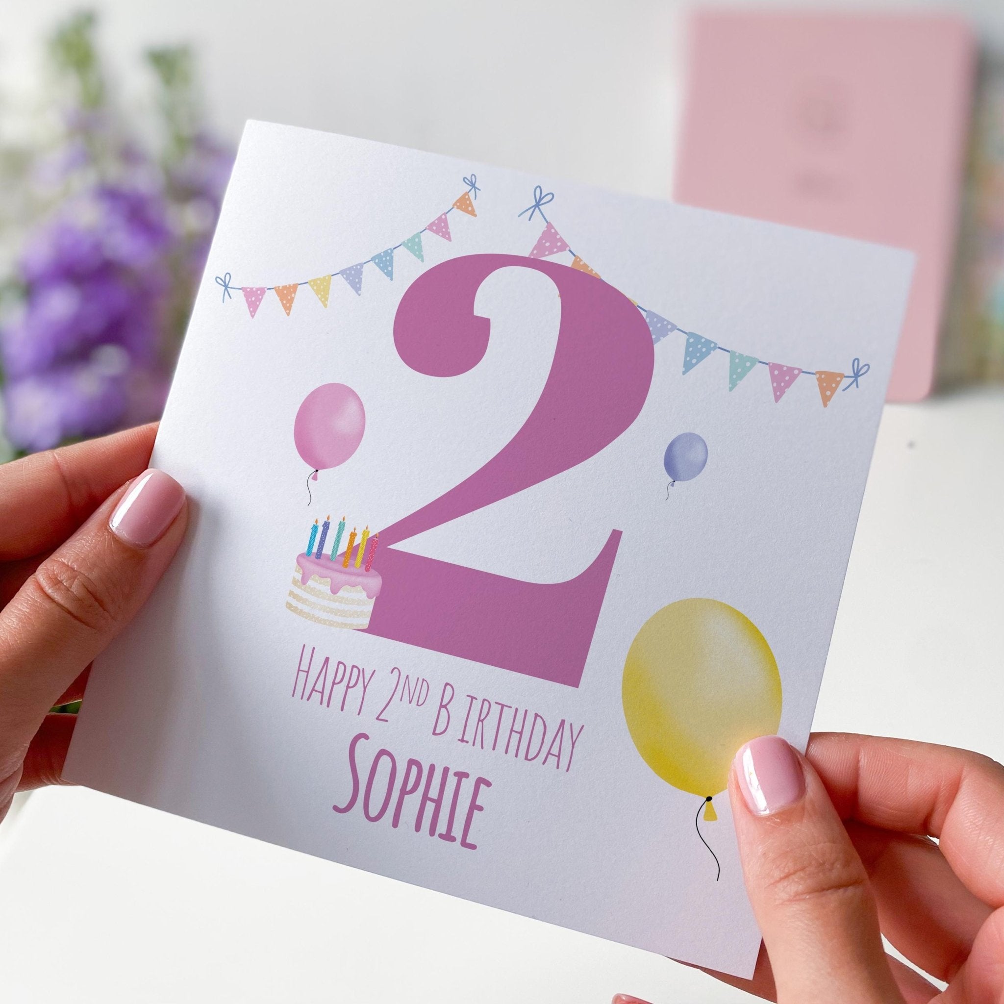 Fun 2nd Birthday Card for Girl Colourful with Balloons and Cake Perfect Keepsake Card for Daughter Niece or Granddaughter I am Two Second