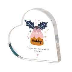 Funny Christmas Gift for Husband or Wife Heart Acrylic Plaque with Pudding Design Cute Festive Keepsake for Hubby or Wifey Xmas gift