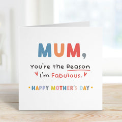 Funny Mother's Day Card for Mum You Are The Reason I'm Fabulous Appreciation Card from Son or Daughter Mother Sarcastic Humour Card Mummy