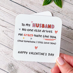 Funny Valentine’s Mug for Husband Drives Me Crazy Cute Coffee Cup Coaster Romantic Gift