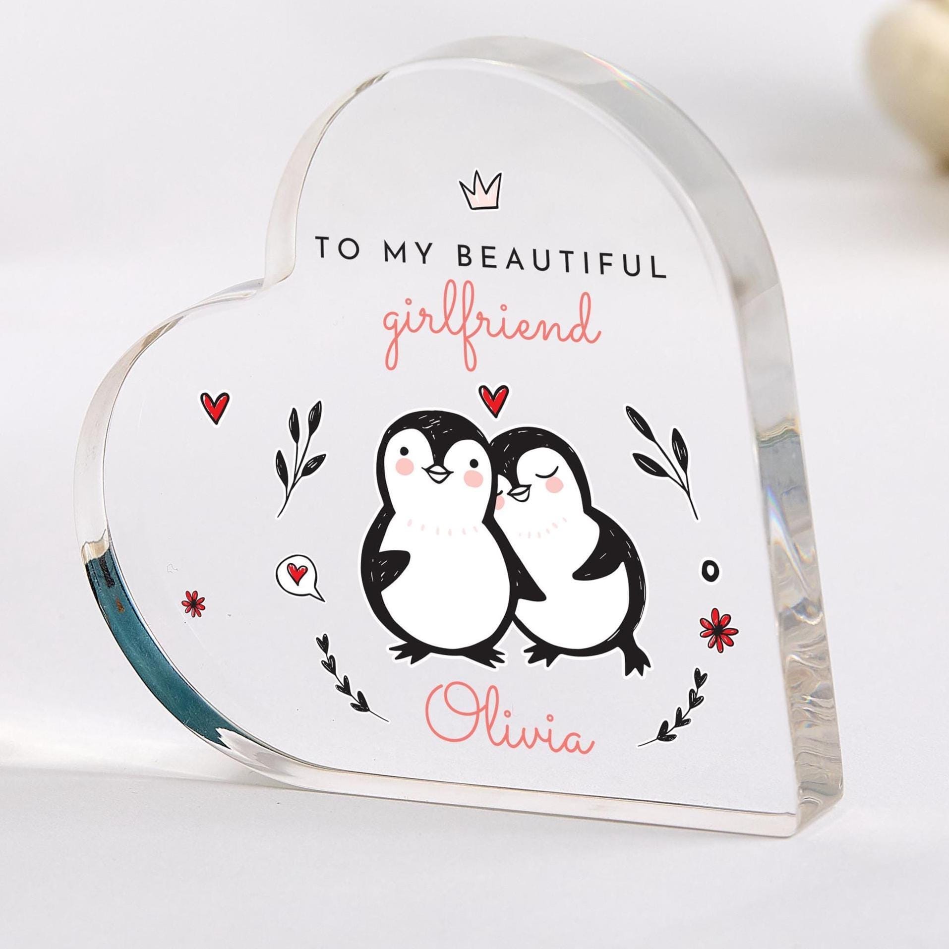 Gift for Girlfriend Personalised Acrylic Heart Plaque Cute Penguin Keepsake for Valentine's Day, Anniversary Birthday Romantic Present